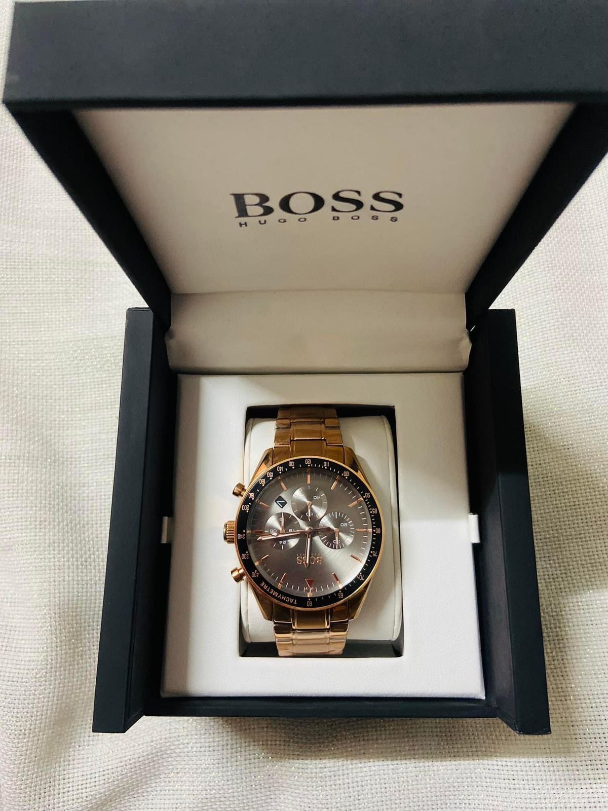 Hugo Boss Trophy Grey Dial Rose Gold Steel Strap Watch for Men